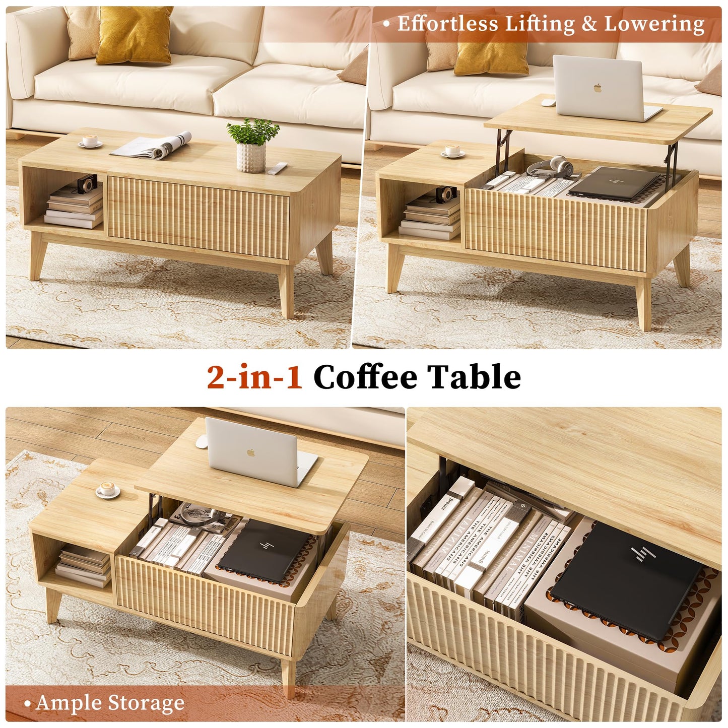 LYNCOHOME Fluted Lift Top Coffee Table with Hidden Compartment, Modern Center Table for Living Room, Home Office, Natural