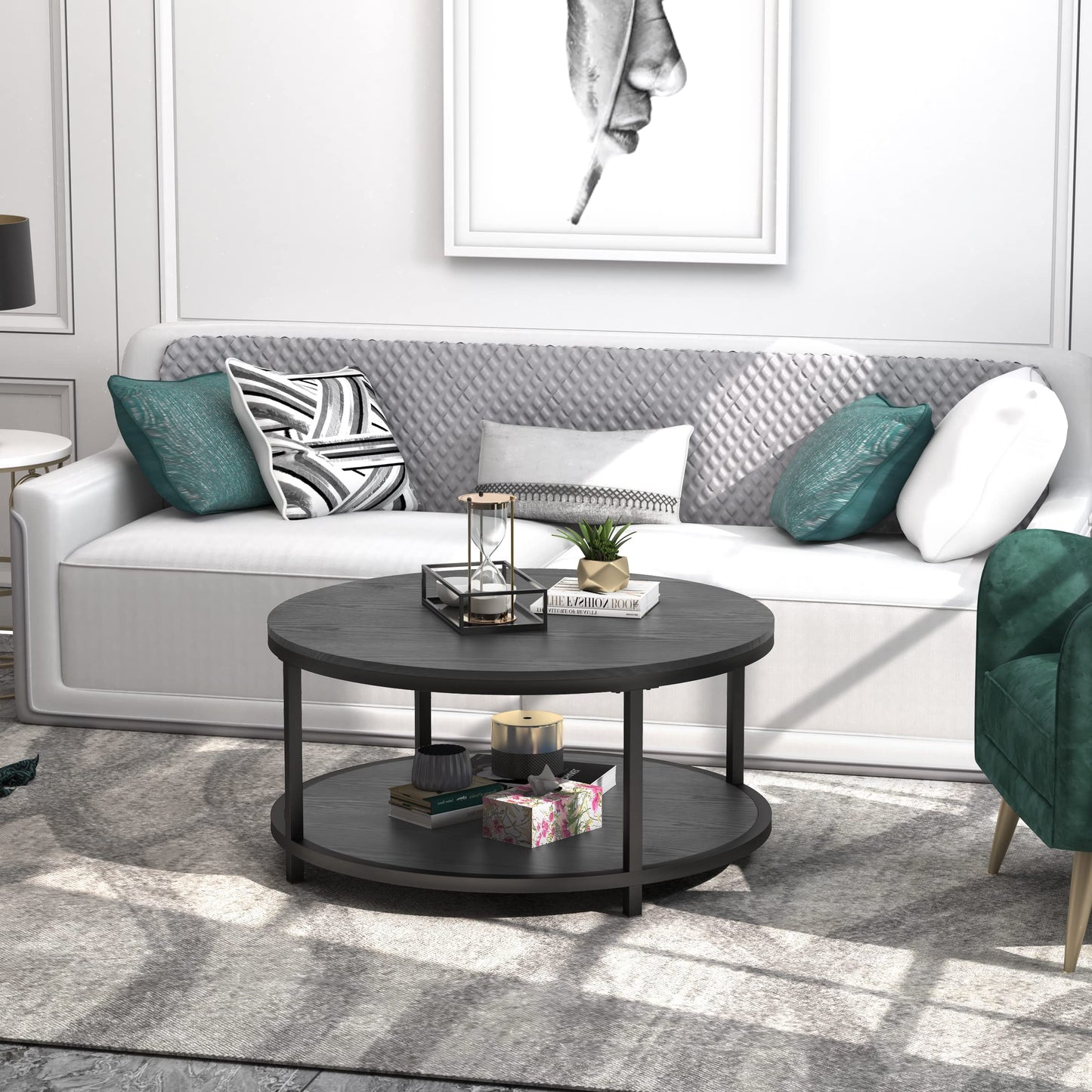 WiberWi Round Coffee Table Black 35.8" Circle Coffee Tables for Living Room Rustic Industrial Design with Sturdy Metal Frame Legs and Open Storage Shelf, Easy Assembly