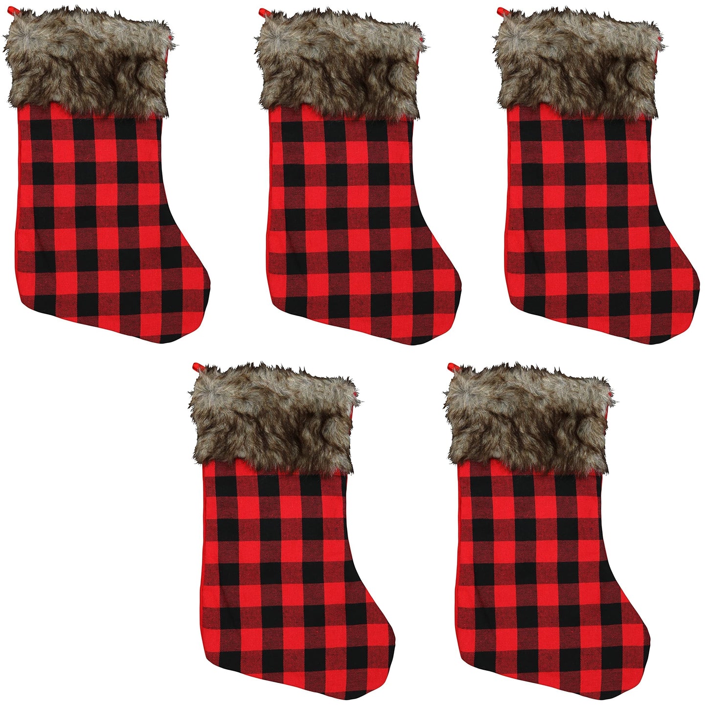 Iconikal 5-Pack Red Buffalo Plaid 18-Inch Christmas Stockings - Fabric Holiday Decor with Brown Faux Fur Cuff