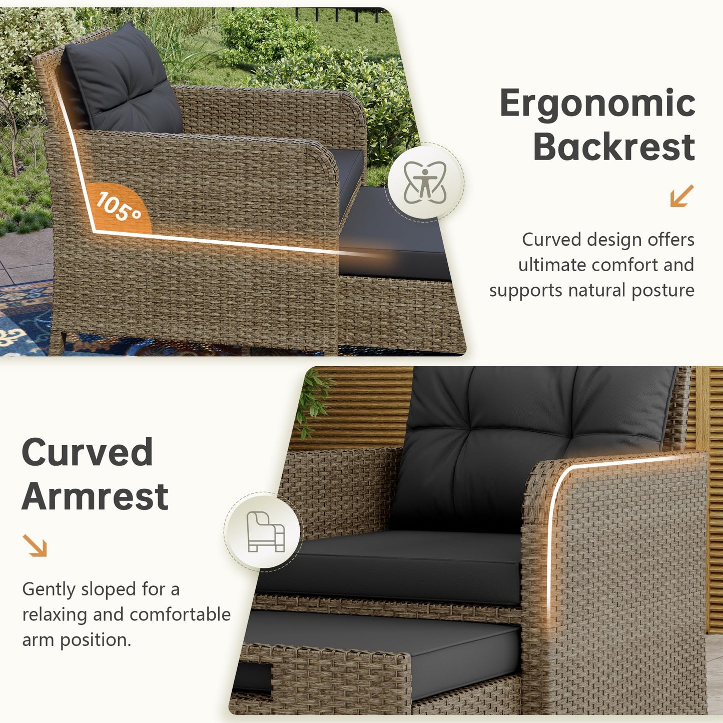 LHBcraft Balcony Furniture 5 Piece Patio Conversation Set, PE Wicker Rattan Outdoor Lounge Chairs with Soft Cushions 2 Ottoman&Glass Table for Porch, Lawn