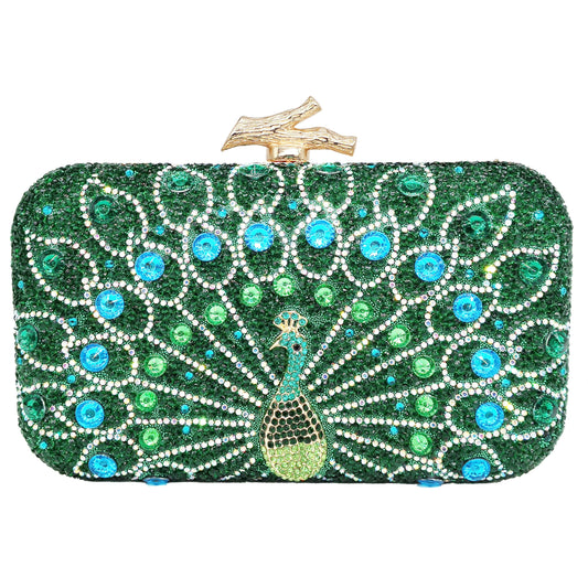 MAIRLOM Rhinestone Clutch Purses for Women Evening Wedding Formal - Round Pearl Clasp Handbag - Crystal Diamond Bag(Square Peacock Green)