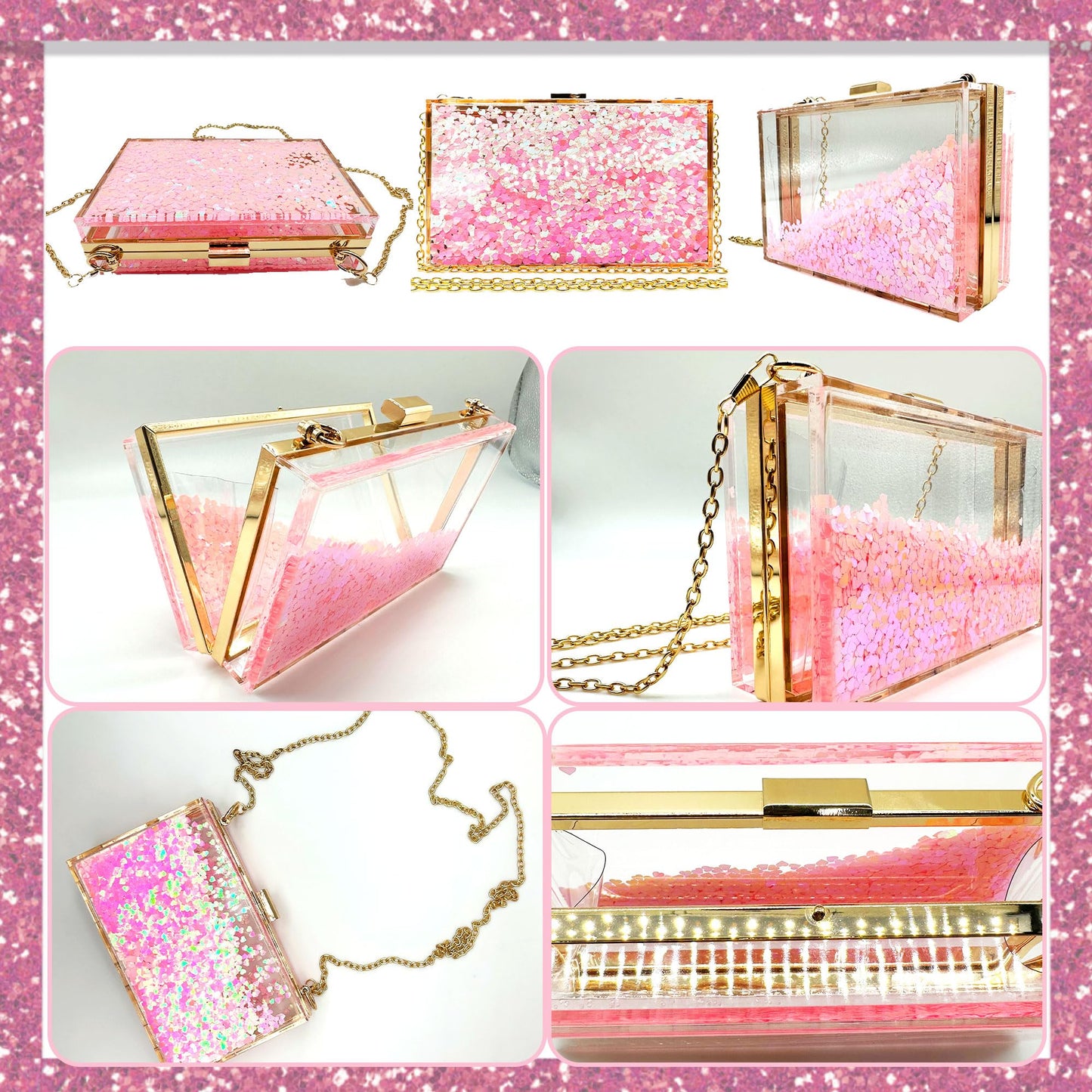 JeVenis Womens Transparent Sequins Chain Clutch Evening Handbag Party Cross-body Purse (Love Pink)
