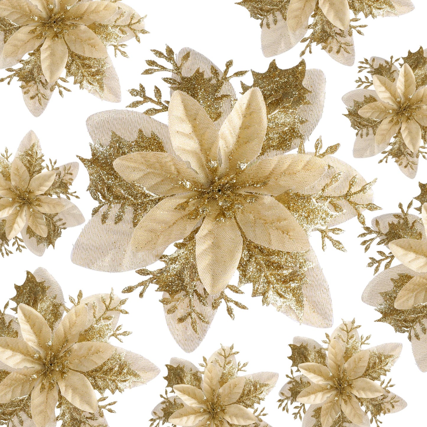 Kisflower 24PCS Poinsettia Artificial Flowers Gold Christmas Flower Decorations with Clips and Stems, Glitter Christmas Tree Ornaments for Xmas New Year Wedding Party (Gold)