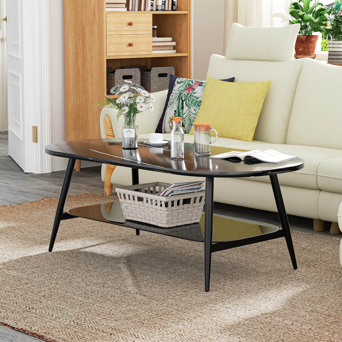 Coffee Tables for Living Room, Black Coffee Table with Glass Shelves, Spacious Oval-Shaped Mid Century Modern Coffee Table