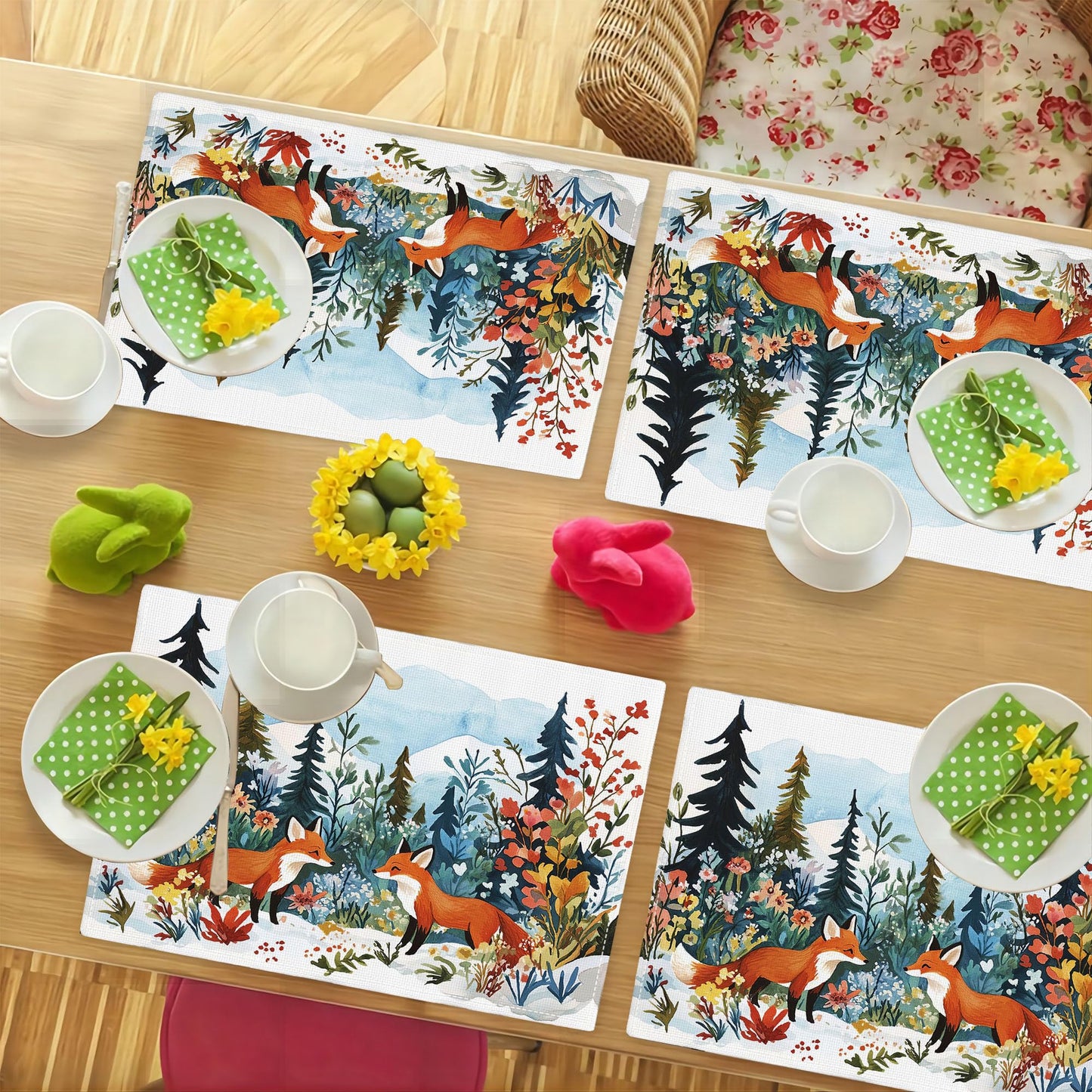 Fox Animal Placemats Set of 4 Winter Forest Landscape Fox Place Mat Machine Washable Place Mats for Dinner Table Mats 4 PCS
