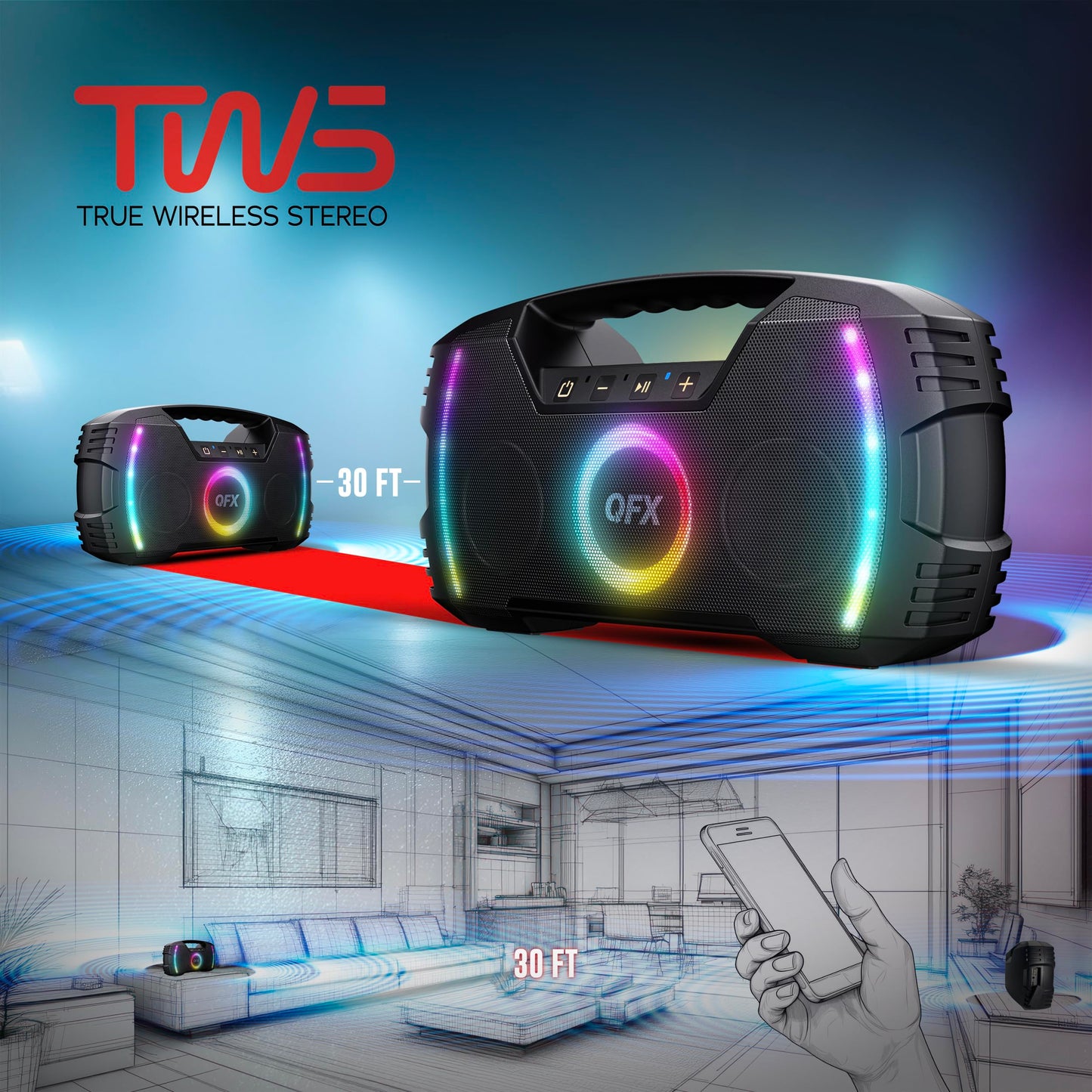 Powerful & Portable Waterproof All Terrain Bluetooth Speaker with Deep Bass, LED Party Lights, Fast USB-C Charging, FM Radio, AUX – QFX BT-ZX35