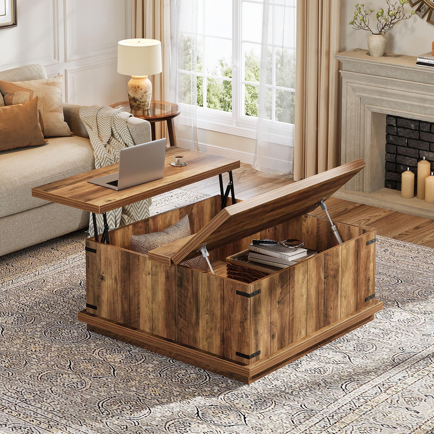 Tribesigns Farmhouse Lift Top Coffee Table, 33.46'' Square Wooden Center Cocktail Table with Large Hidden Storage Compartment for Living Room, Rustic Brown