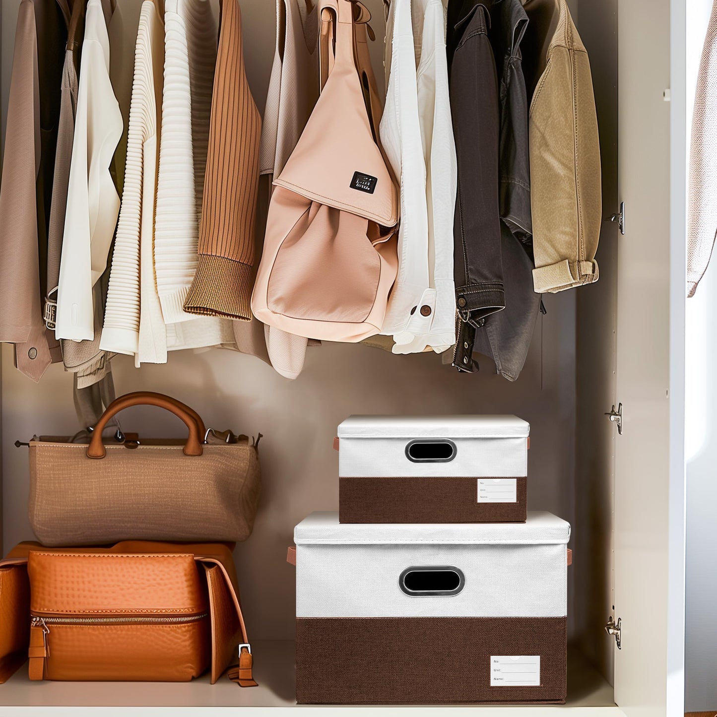 Foldable Fabric Storage Boxes with Lids, Collapsible Versatile Bins Baskets Cubes with Handles for Easy Organization in Closet, Living Room, and Bedroom (Brown & White, 3PCS/11.4*8.6*6.7in)