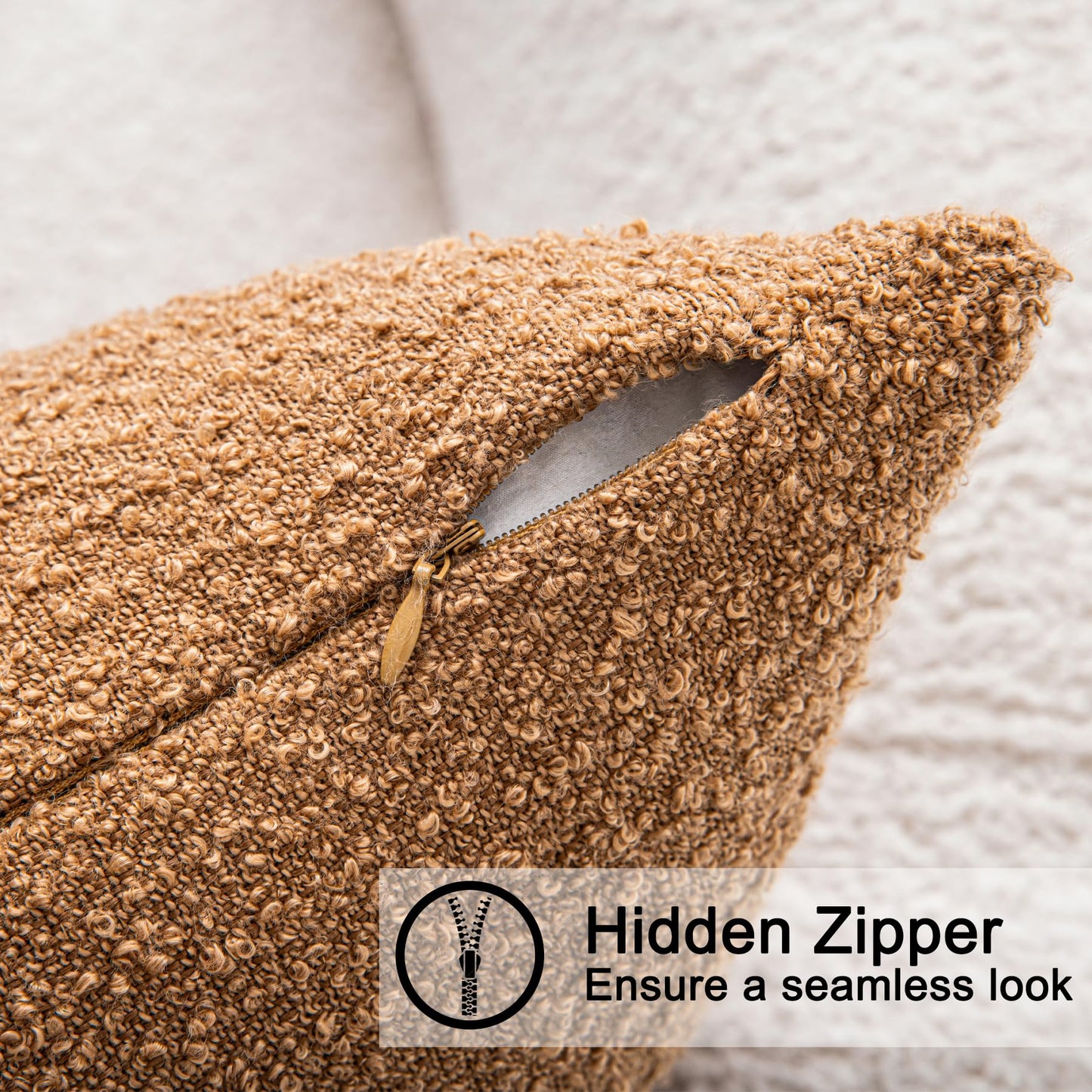 SINYASAN 18"x18" Tobacco Boucle Throw Pillow Covers with Faux Leather Accents Set of 2 Fluffy Textured Decorative Pillow Cases for Couch Bed Boho Farmhouse Square Cushion Covers for Nordic Home Décor