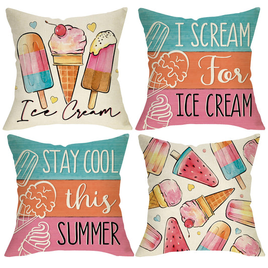 Fjfz Stay Cool This Summer Decorative Throw Pillow Covers 16 x 16 Set of 4, I Scream for Ice Cream Popsicles Porch Outdoor Home Decor, Colorful Stripes Seasonal Couch Cushion Case