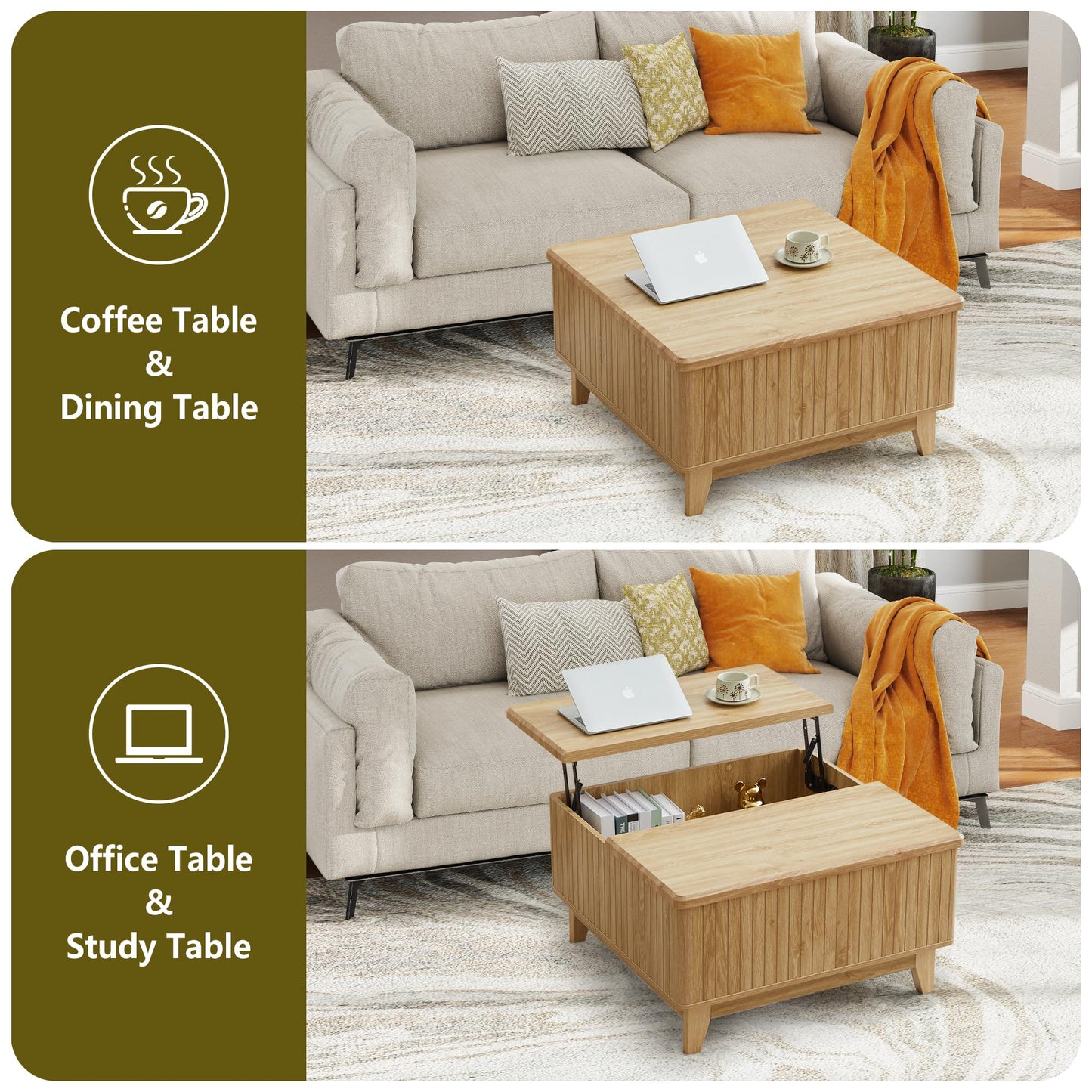 NVETHM Lift Top Coffee Table, Square Coffee Table with Hidden Storage Compartment, Farmhouse Wood Center Table Dining Table for Living Room, Bedroom, Home Office (Natural)