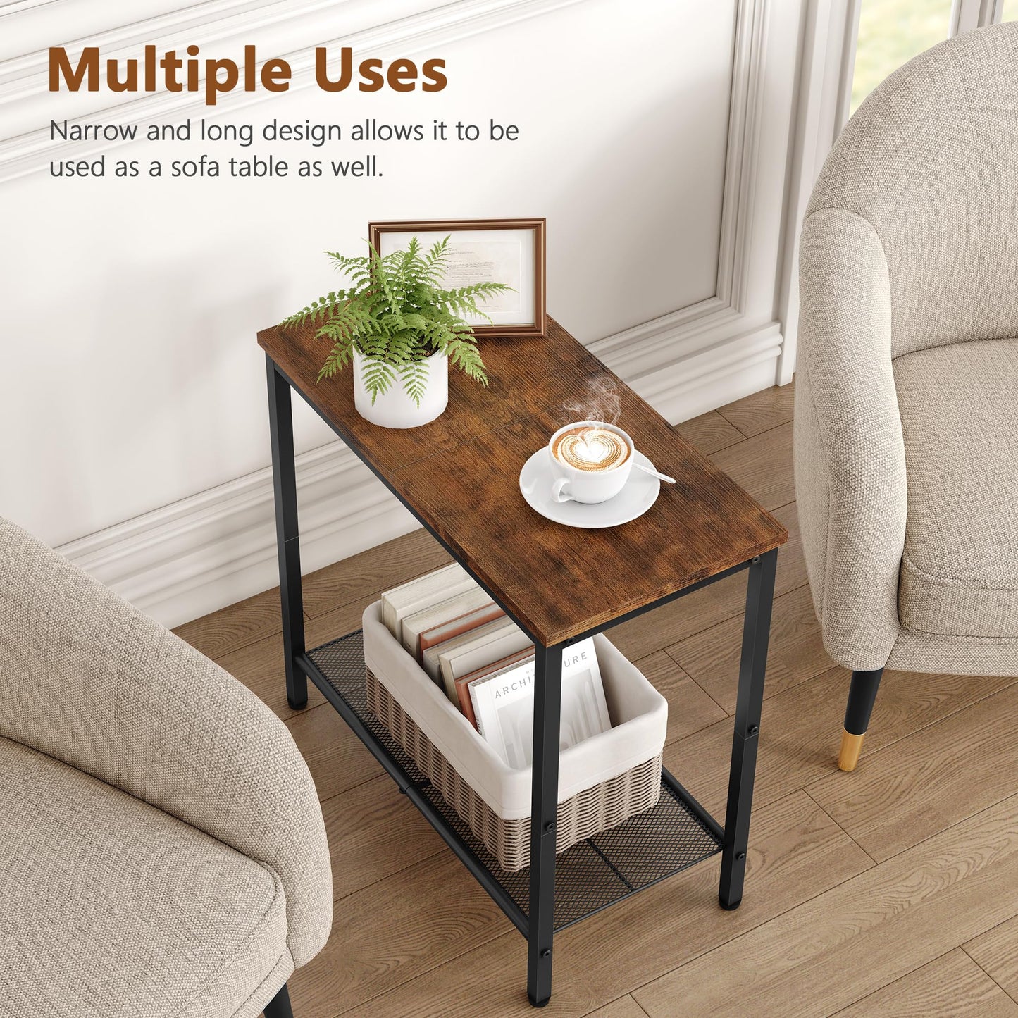 Hoctieon 2 Tier End Table, Sofa Side Table, Narrow Side Table with Storage, Slim Nightstand for Small Spaces, Metal Frame, for Living Room, Bedroom, Sofa Couch, Hall, Rustic Brown
