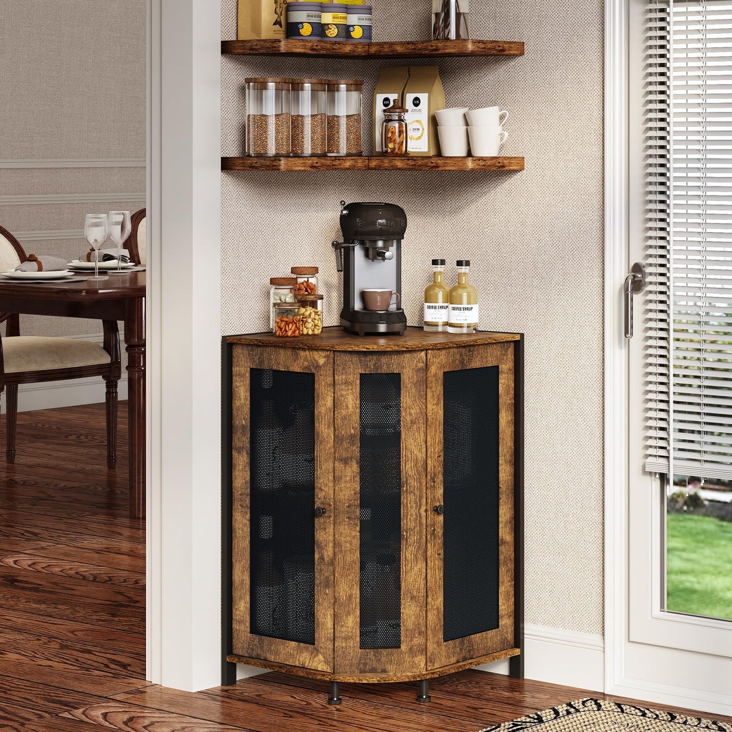 keomaisyto Coffee Bar Cabinet, 3-Tier Corner Coffee Cabinet with Storage Shelf & 18.7" Countertop, Rustic Wood Corner Bar Station with Magnetic Door for Kitchen/Entrance/Living Room/Dining Room