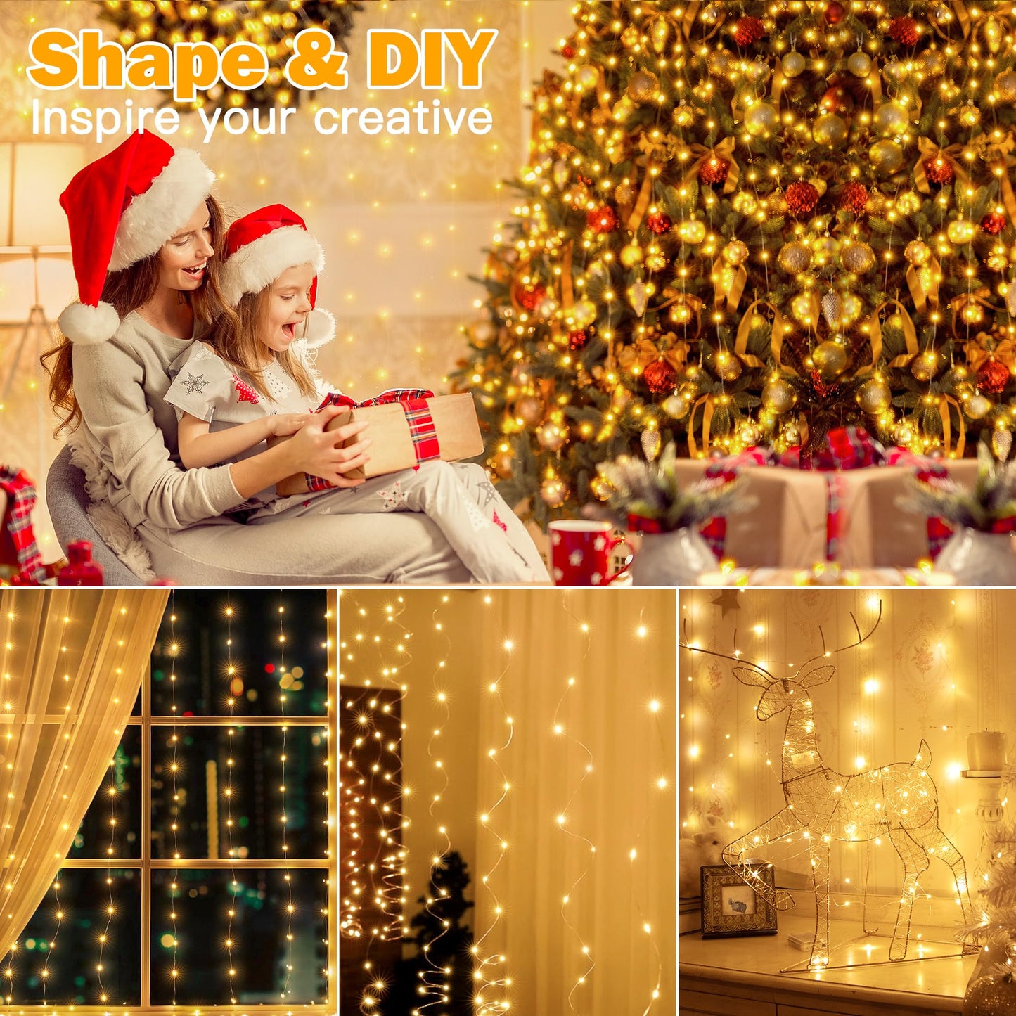 Ollny Silver Copper Wire Fairy Lights Curtain 200 LED 6.6x6.6ft, USB Warm White Curtain Lights with Hook, Waterproof Window Light for Bedroom Backdrop Wall Outdoor Indoor Decorations