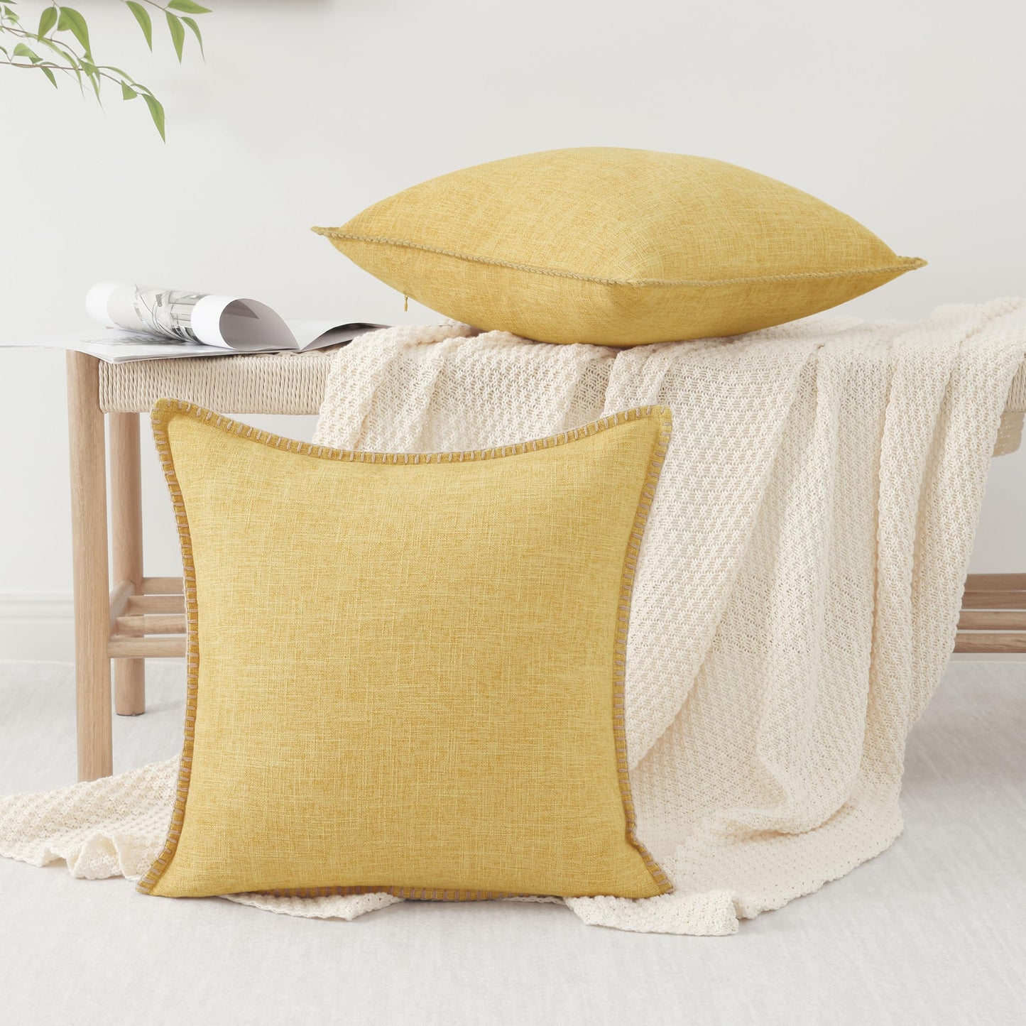 decorUhome Decorative Outdoor Throw Pillow Covers 12x20 Set of 2, Lumbar Linen Rustic Neutral Farmhouse Pillow Covers with Stitched Edge for Couch, Sofa, Living Room, Mustard Yellow