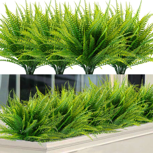 Ouddy Decor 12 Bundles Artificial Boston Ferns Artificial Plants Outdoor Greenery Stems Faux Shrubs UV Resistant for Garden Front Porch Table Window Box Home Decorations