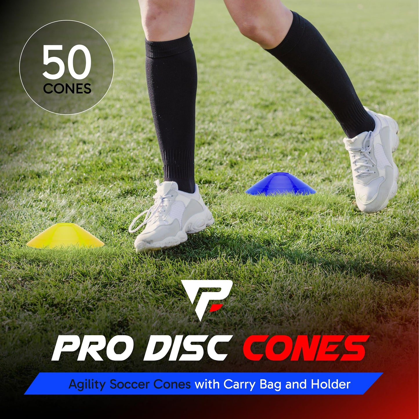 Pro Disc Cones (Set of 50) - Agility Soccer Cones with Carry Bag and Holder for Sports Training, Football, Basketball, Coaching, Practice Equipment, Kids - Includes 15 Best Drills Book (Bright Orange)