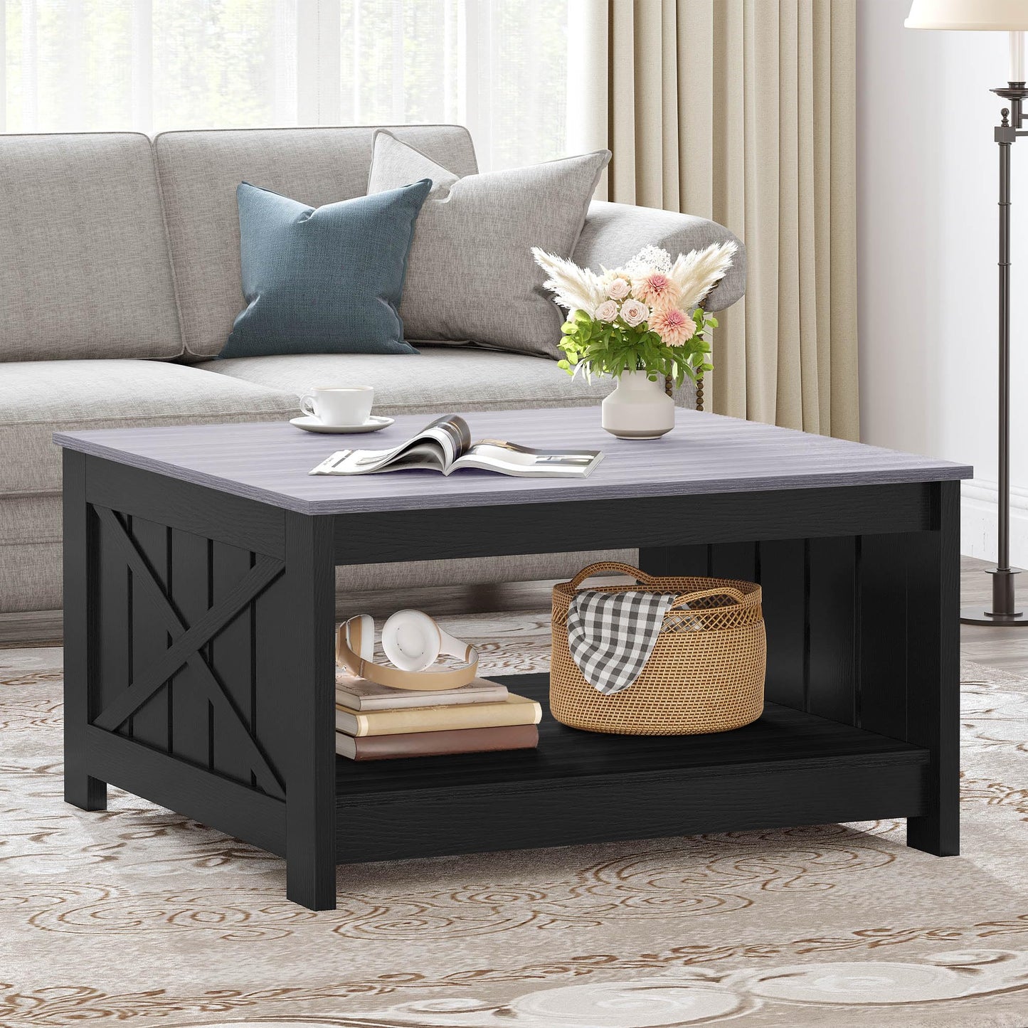 YITAHOME Farmhouse Coffee Table with Storage Rustic Wood Cocktail Table, Square Coffee Tables for Living Meeting Room with Half Open Storage Compartment, Grey and Black