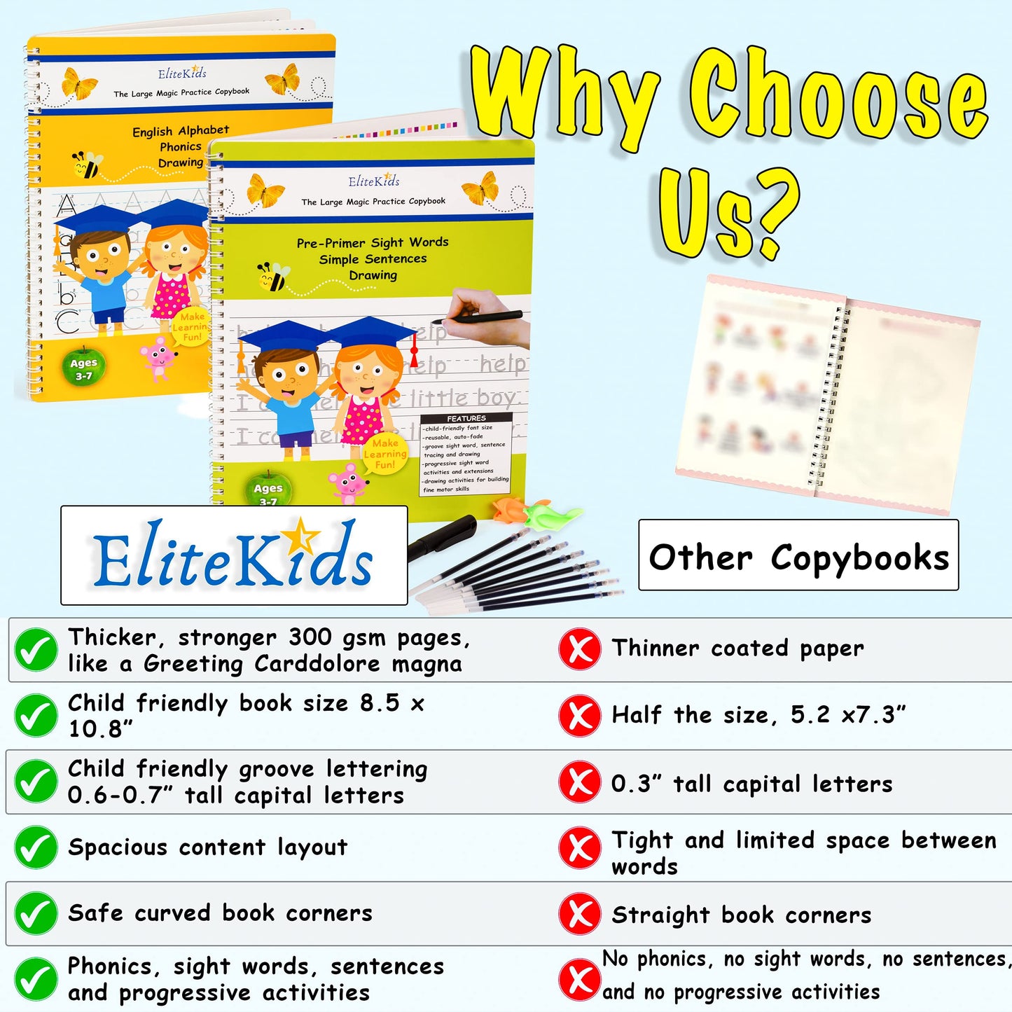 Teacher Designed Large 11x8.5in Reusable Handwriting Workbooks (Sight Word Copy Included)- Kids Learning Calligraphy, Magic Practice Copybook for Preschool, Kids Ages 3 to 8 (4 Pack)