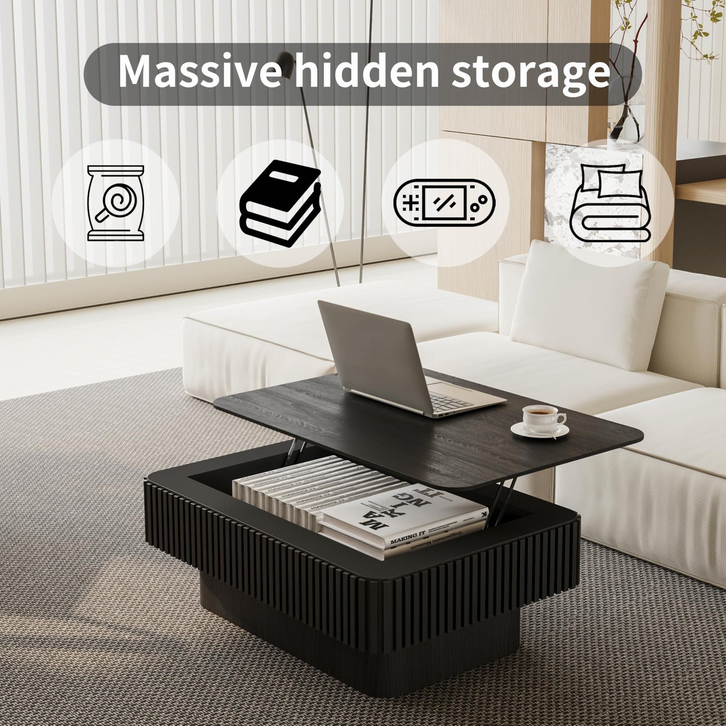 Black Coffee Table with Lifting Top Storage for Living Room,Fluted Lift Up Coffee Tables with Storage Solid Wood Center Table 38.6'' Modern Smart Rectangular Lift Up Tabletop for Apartment Office