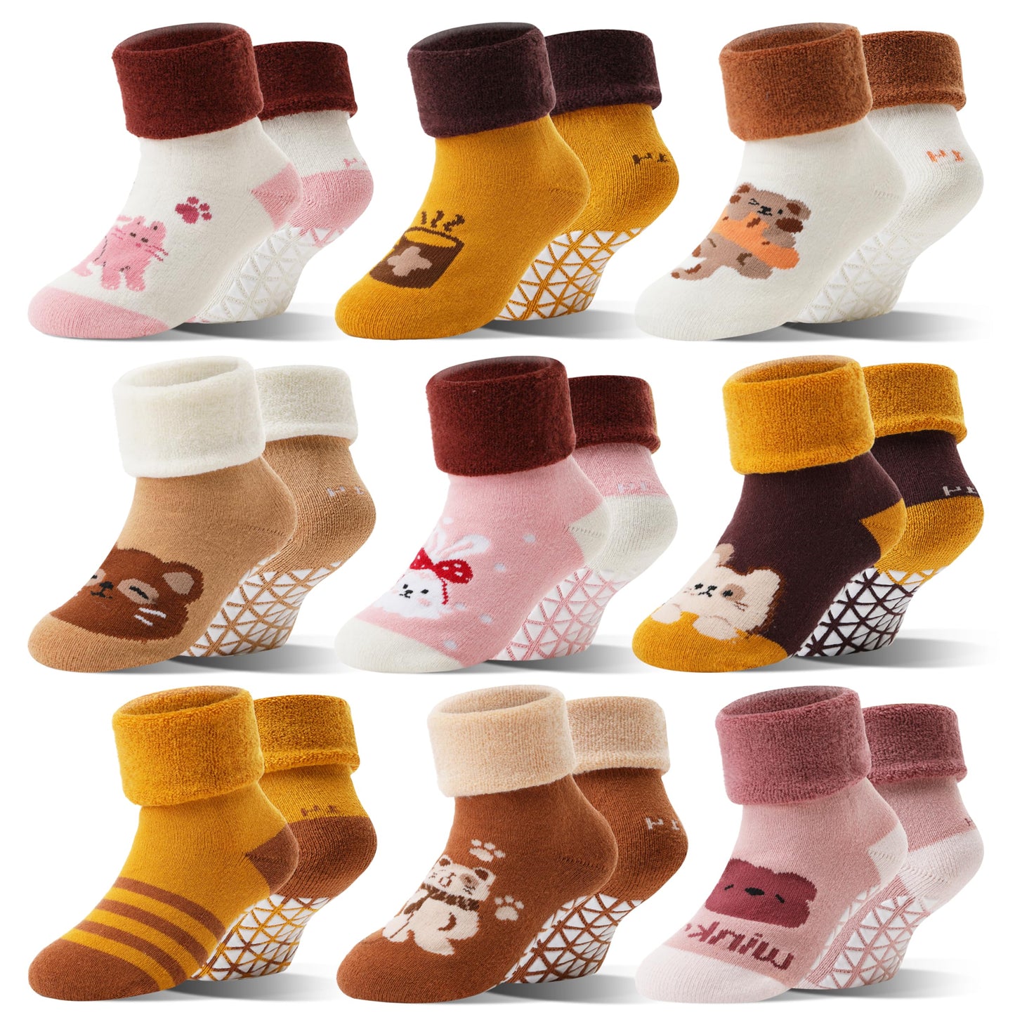 Baby Boys Girls Grips Socks Toddlers Kids Infants Anti Slip Non Skid Funny Cartoon Ankle Crew Socks with Grippers 9 Pairs