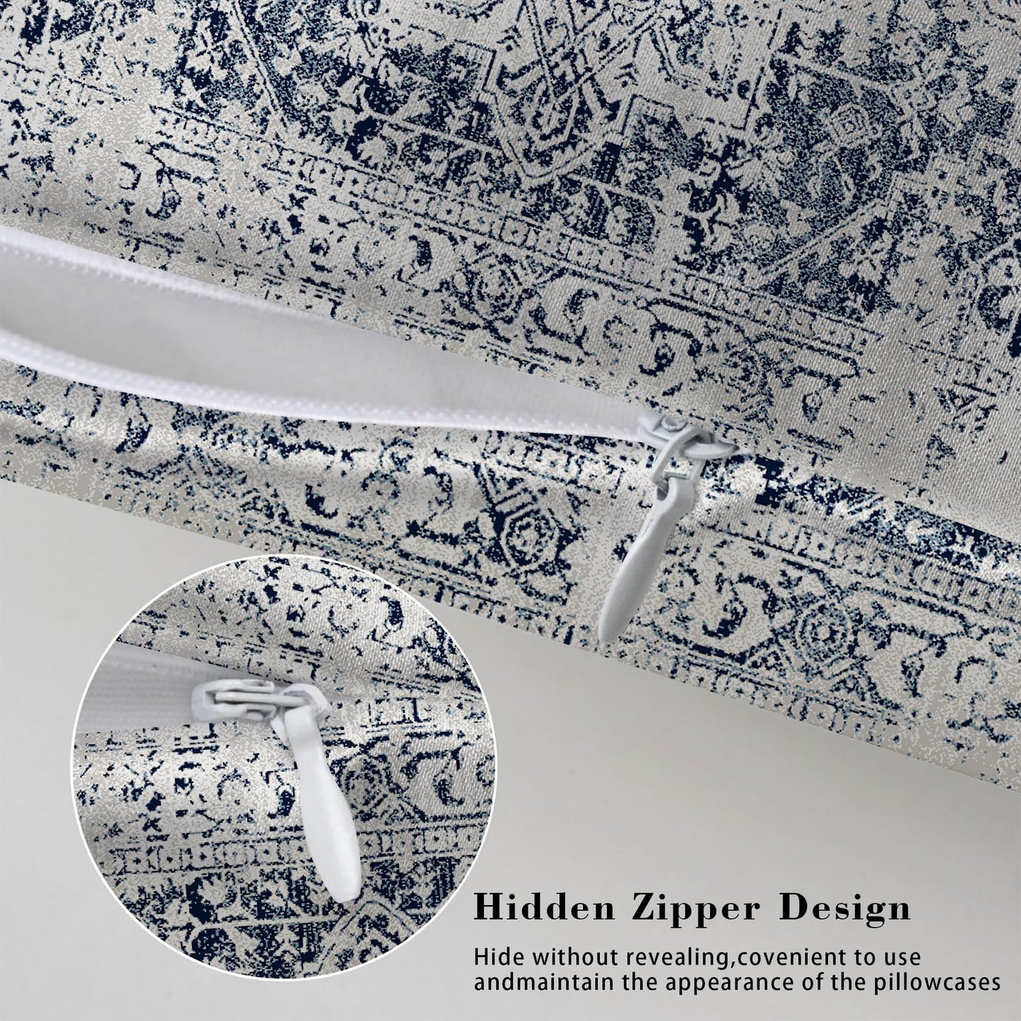 Silk Like Pillowcase for Hair and Skin Retro Boho Blue Carpet 1 Pack Satin Pillowcase with Hidden Zipper Soft Breathable Smooth Cooling Pillow Cover Queen Size for Bedroom Sofa 20”x30”