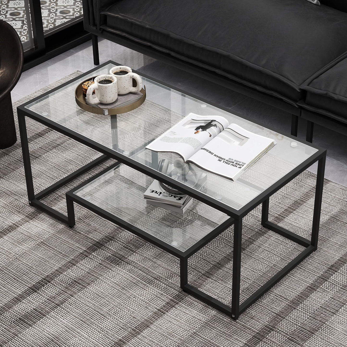 Kebynti 42" Rectangular Glass Coffee Table for Living Room, 2-Tier Center Tea Table with Metal Frame for Small Space, Apartment, Office (Black)