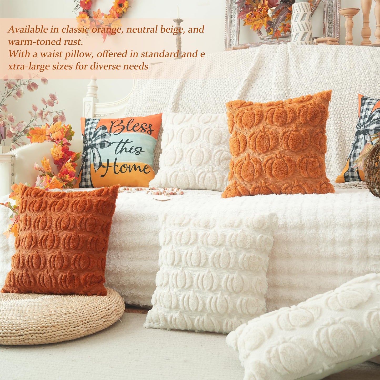 GEEORY Fall Pillow Covers 18 x 18 Inch Set of 2, Fall Decorations Pumpkins Soft Plush Fluffy Faux Fur Wool Decorative Autumn Thanksgiving Farmhouse Cushion Case for Sofa Beige GC002-18