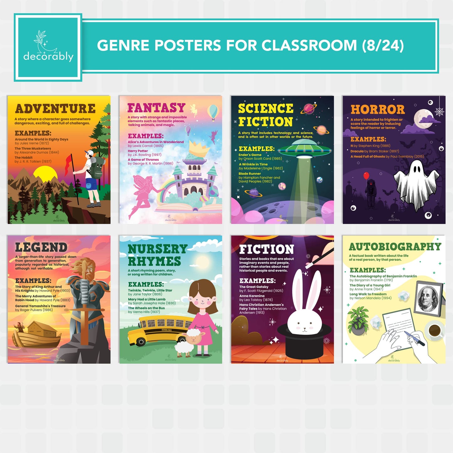 Decorably 24 Reading Classroom Posters, 8x10in Matte-Laminated Educational Book Genre Signs for English Classroom