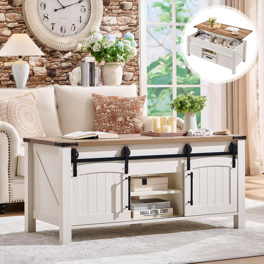 OKD Farmhouse Lift Top Coffee Table with Sliding Door, 48" Large Rustic Center Table with Hidden Storage Compartment, Lifting Tabletop, Adjustable Shelf for Living Room, Office,Antique White