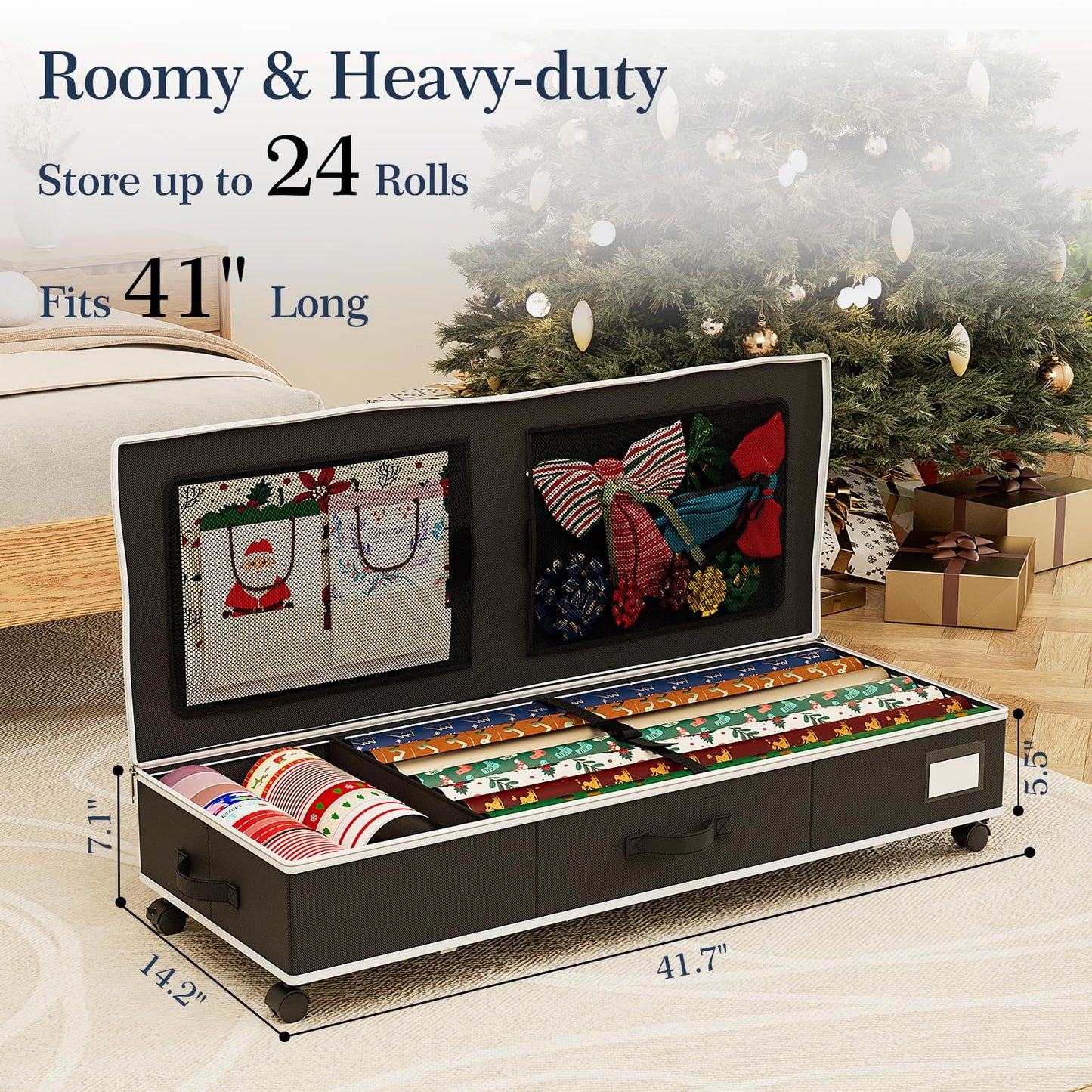 GoMaihe Wrapping Paper Storage with Wheels: Fits 41" Under-bed Gift Wrap Organizer & Container for Christmas Ribbon Accessories | Pockets & Adjustable Dividers | Easy Pull-out | Heavy-duty | Black