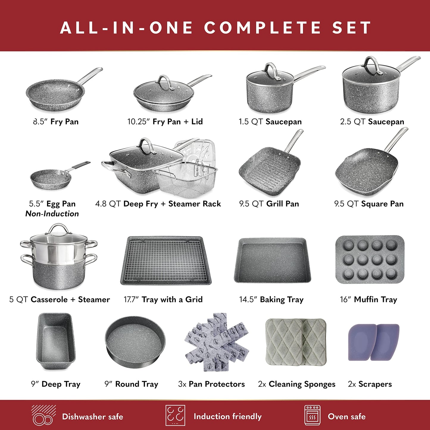 Home Hero Pots and Pans Set Non Stick - Induction Compatible Kitchen Cookware Sets + Bakeware Sets - Non Stick, PFOA Free, Oven Safe Pot and Pan Set Nonstick (23 Pcs - Granite)