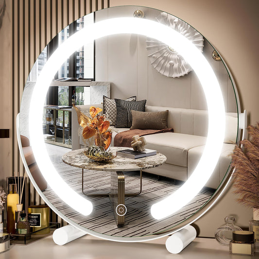 FENNIO Vanity Mirror with Lights, 13 inch COB LED Lighted Makeup Mirror, Round Makeup Mirror with Lights with 3-Color Lighting, 360° Rotation, Dimmable for Tabletop, Bedroom