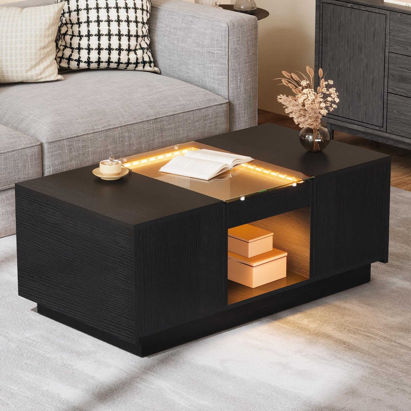 YITAHOME Modern Coffee Table with LED Lights, Rectangle Coffee Table with 2 Large Drawers, Spacious Glass Coffee Table, Upscale Large Living Room Table with Power Outlets and Remote Control, Black