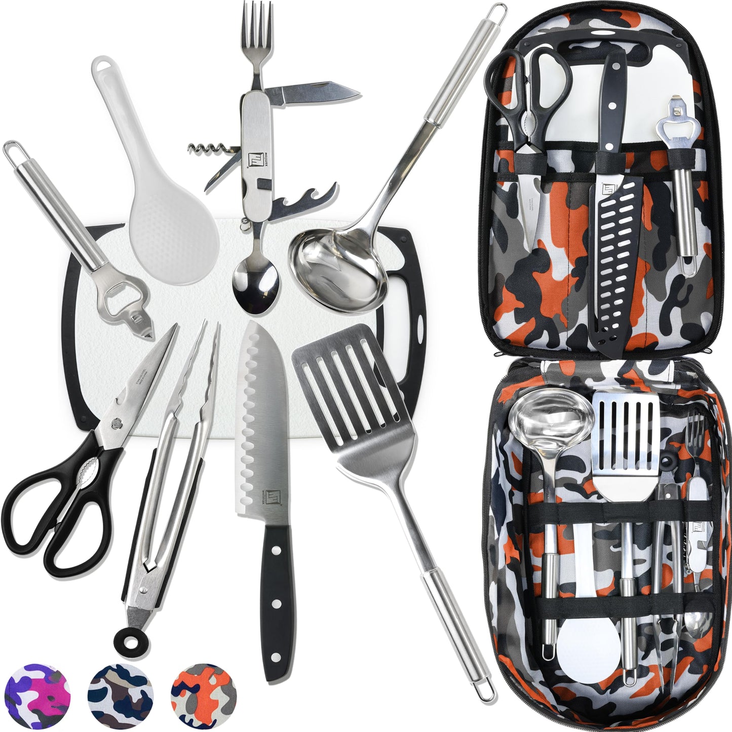 Wellmax 10-Piece Stainless Steel Camping Cooking Set – Compact All-in-One Cookware Kit with Utensils & Travel Bag for Campers, Hikers, Outdoor Adventures, Grey Camo Color