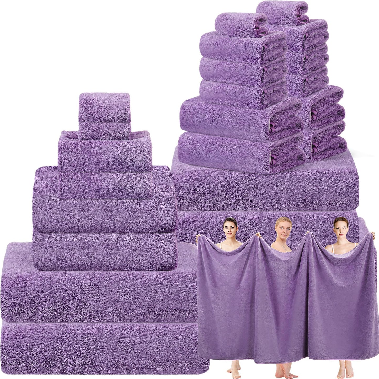 Mixweer 24 Piece Oversized Towels Set Dark Purple Microfiber Absorbent Towels for Spa Camping Bathroom Beach 4 Oversized Bath 2 Bath Sheets 6 Hand 8 Wash Cloths 4 Fingertip