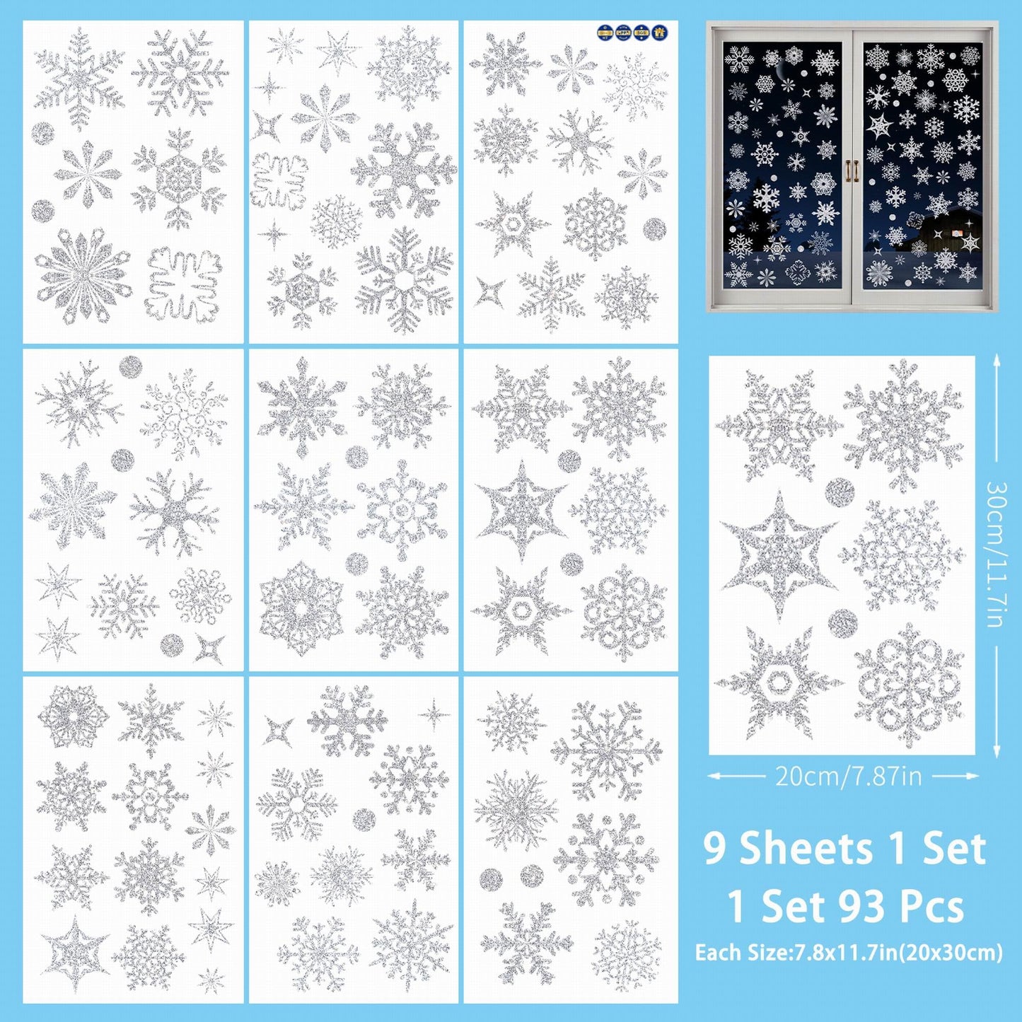 93pcs Christmas Sticker Decor,9 Sheets Christmas Window Decorations for Christmas Festival Decoration