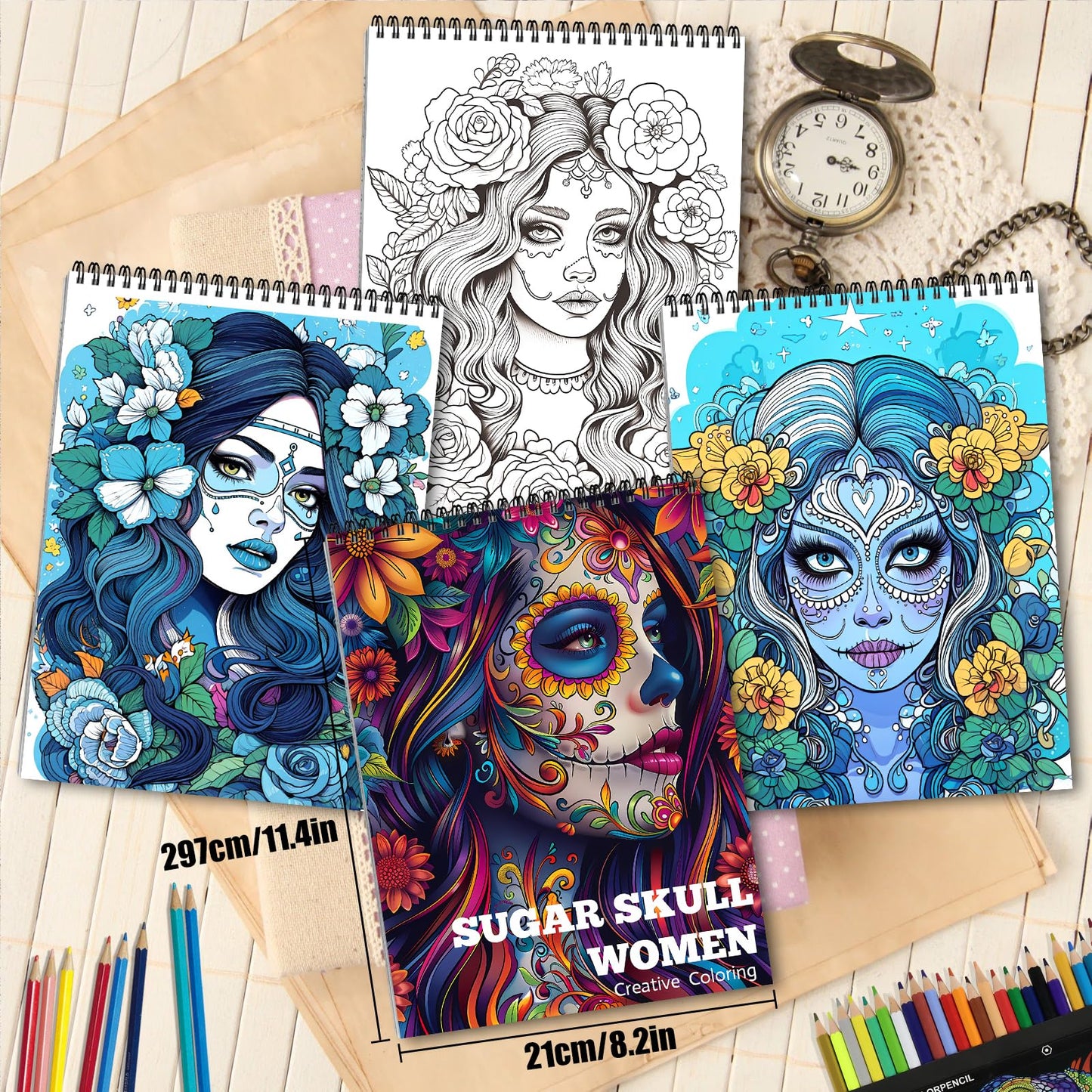 Sugar Skull Coloring Book for Adult Women Relaxation, Spiral Bound, Printed Single-Sided, Adult Coloring Book for Women with 24 Pages Arts and Crafts Sugar Skull Mindfulness Gift