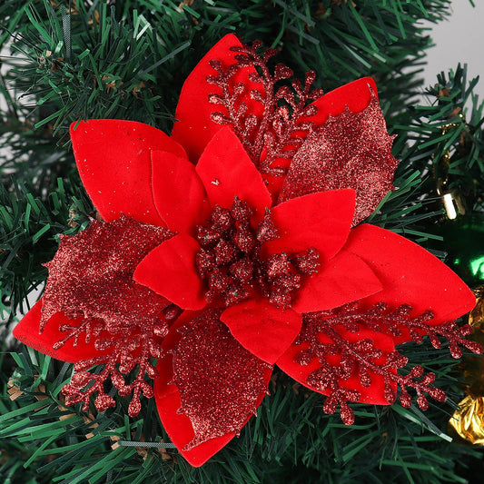 RECUTMS 10 PCS Red Glitter Poinsettia Flowers Christmas Tree Ornaments Fake Christmas Flowers Artificial Christmas Flowers Decorations Wedding Xmas Tree New Year Ornaments Wreath Decoration(Red)