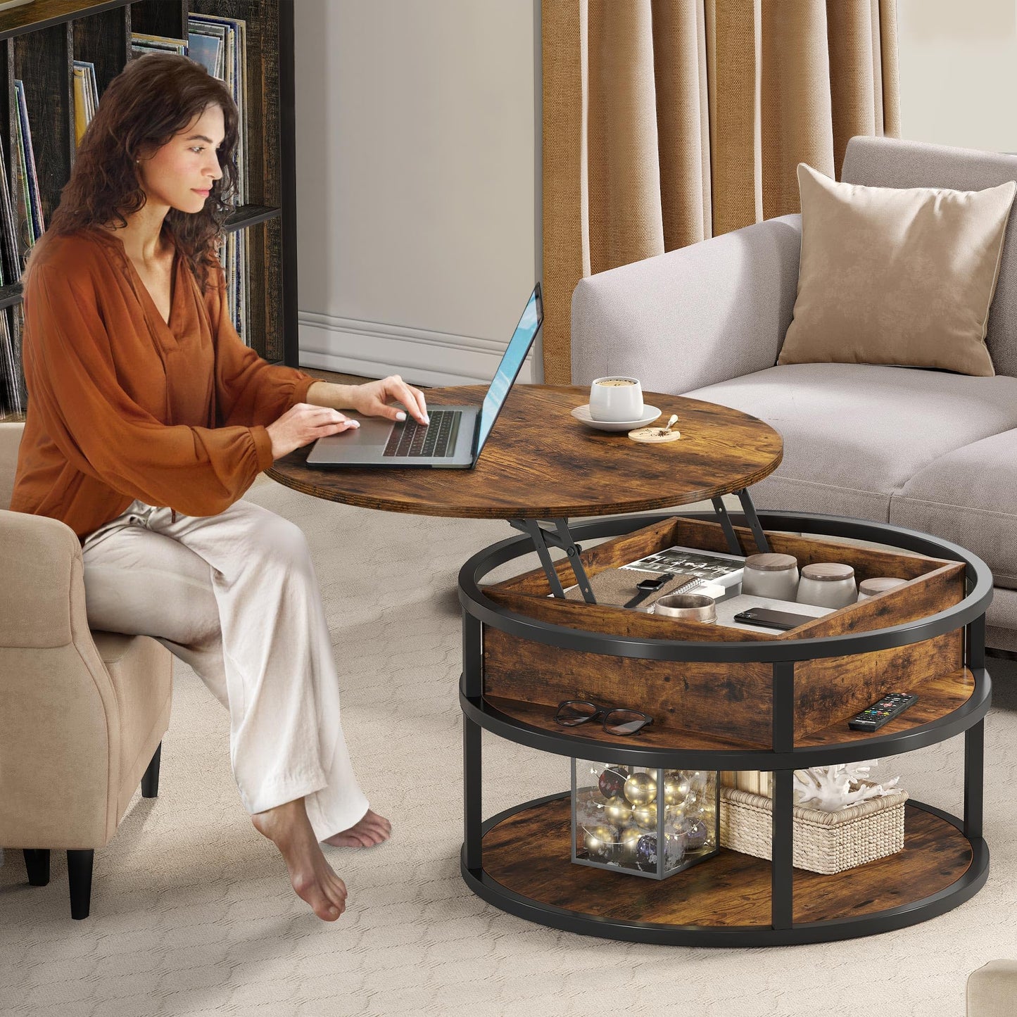 YITAHOME Round Lift Top Coffee Table with Storage, Brown Farmhouse Coffee Tables for Living Room Modern Coffee Table with Hidden Storage Compartment, Round Center Tables Living Room Home Office, Brown
