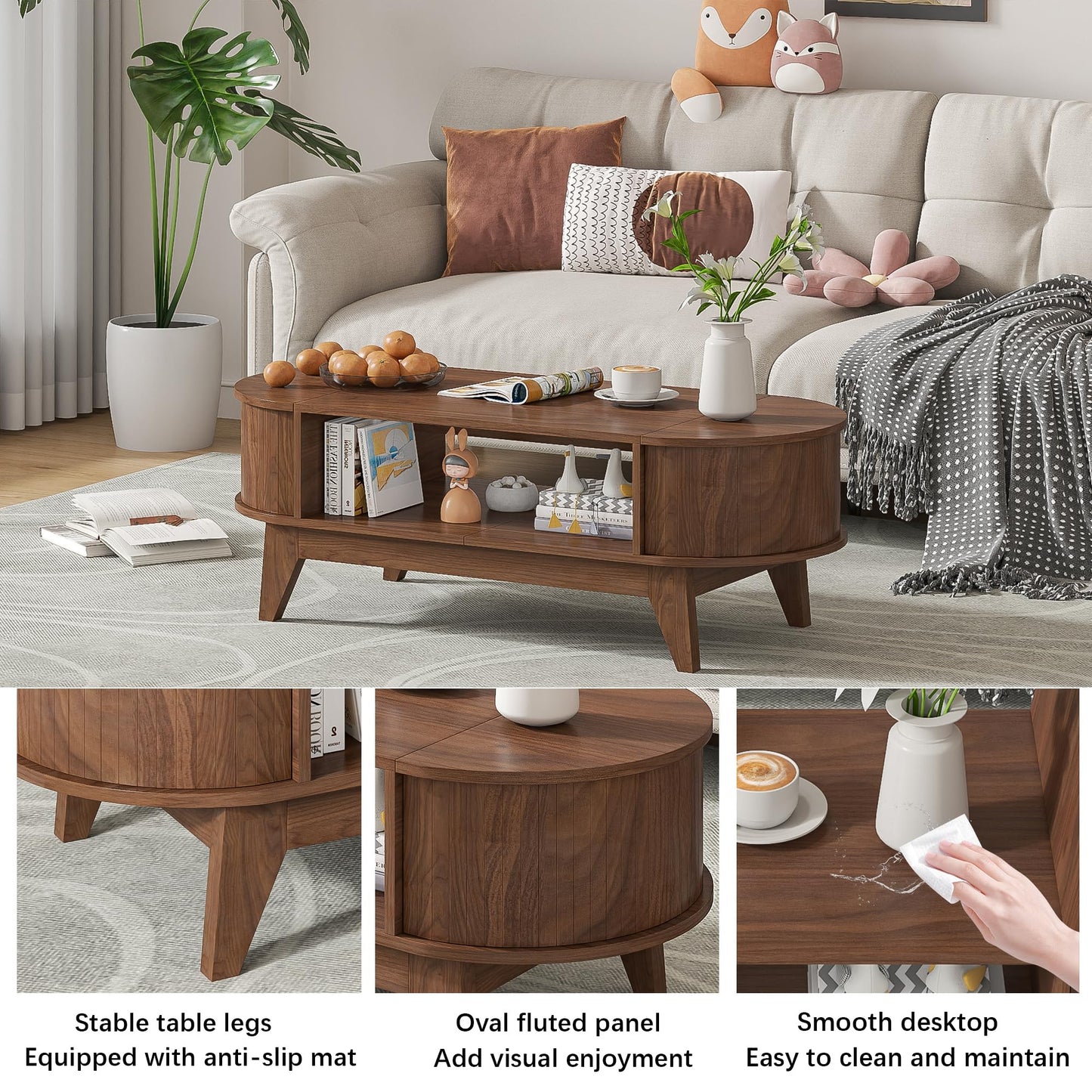 Coffee Table with Storage,Mid Century Modern Coffee Tables with 2 Flip-Top Hidden Lids,Fluted Coffee Table,Wood Center Tables for Living Room Home Office (Walnut Color)
