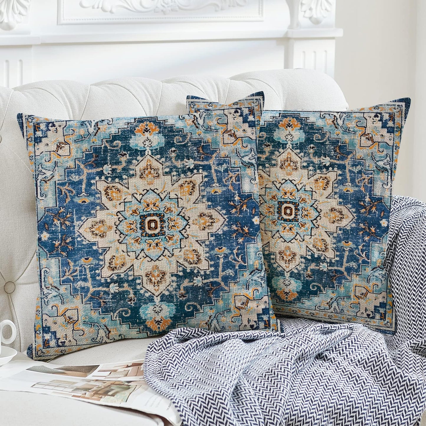 infenhiy Throw Pillow Covers Pack of 2 Double-Sided Printing Home Indoor and Outdoor Sofa Bed Decor 18 x 18 Inch pillowcover (Blue Light Blue Bohemian Pattern, 18x18Inch)
