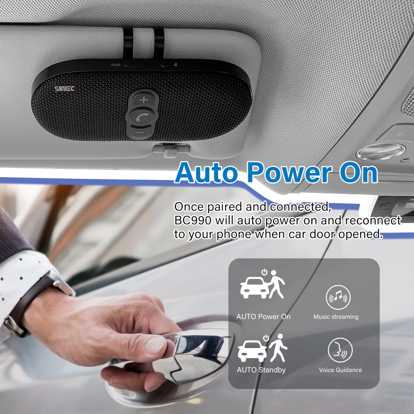 Sunitec Bluetooth Car Speaker Phone: Hands Free Calling Kits 6W in car Speakerphone for Safe Driving - Support Siri Google Assistant Voice Calls/Motion Auto ON Off - BC990P