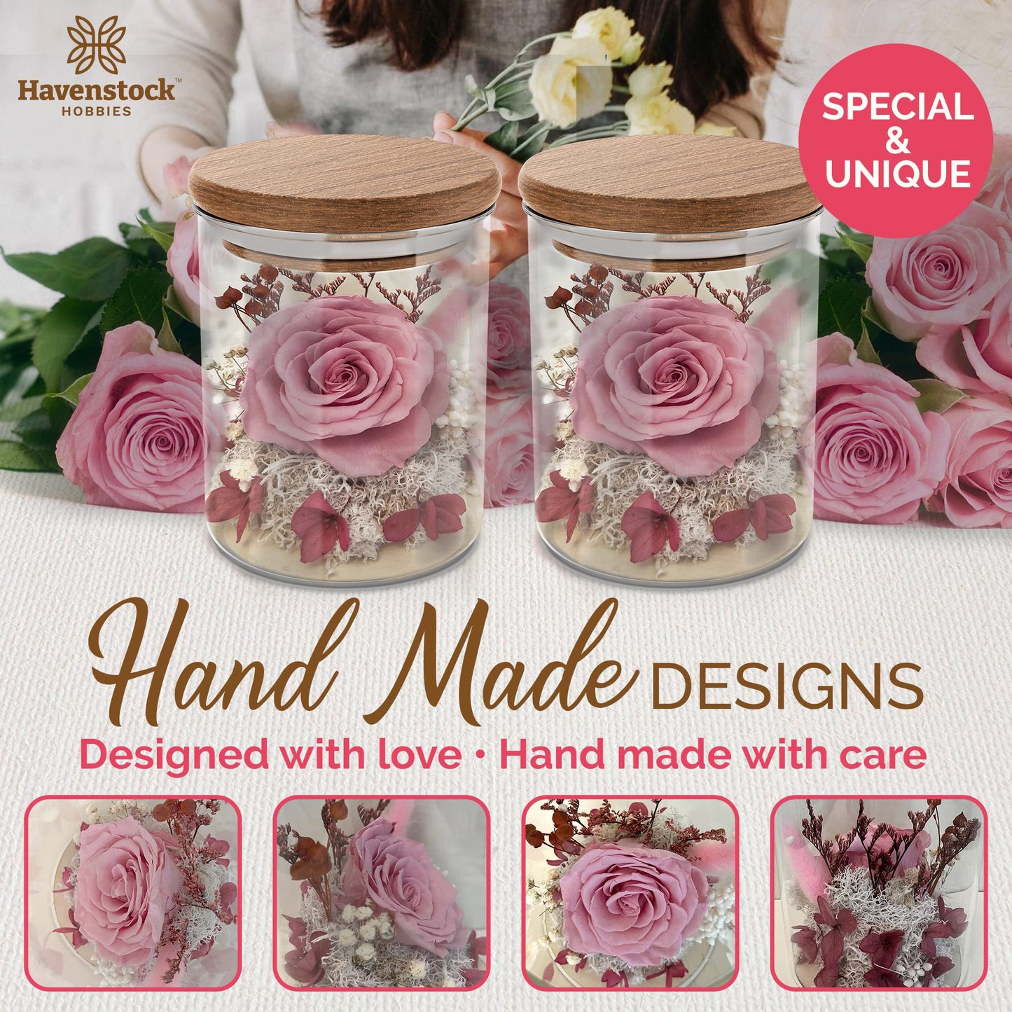 Havenstock Pink Rose in a Glass Dome - Premium Real Roses That Last a Year or More - Mother's Day Unique Gifts for Her Preserved Roses - Forever Flower Decor Preserved Flowers - Eternal Rose Display