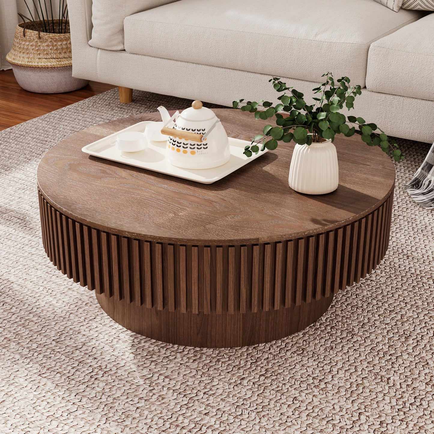 KIGFTSOD 31.5" Round Coffee Table with Hidden Storage, Solid Wood Drum Coffee Table Tea Table for Living Room, Bedroom, Apartment or Office, Walnut