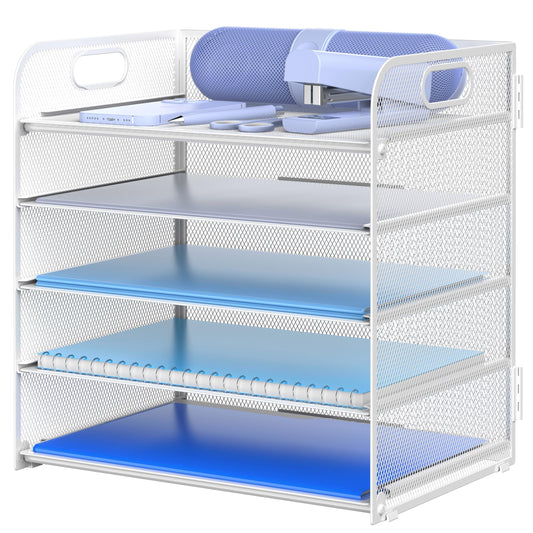 Letter Tray Paper Organizer 5-Tier Desk Organizer File Organizer Paper Holder with Handle, Metal Desktop Document Shelf Tray Office Classroom Organization - Black