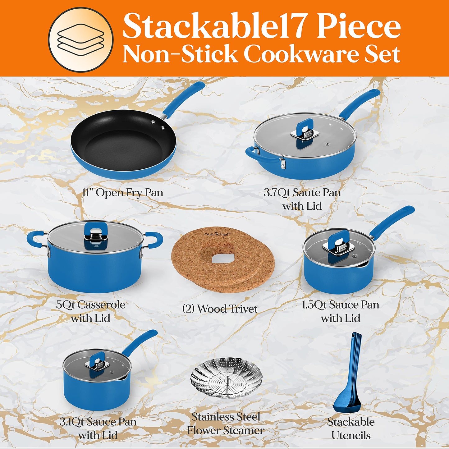 NutriChef 17pcs Blue Stackable Pots and Pans Set, Nonstick Induction Cookware, Space Saving Cookware, Easy Clean, Ideal For RV and Camper, Includes a Foldable Steamer Basket and Cooking Utensils