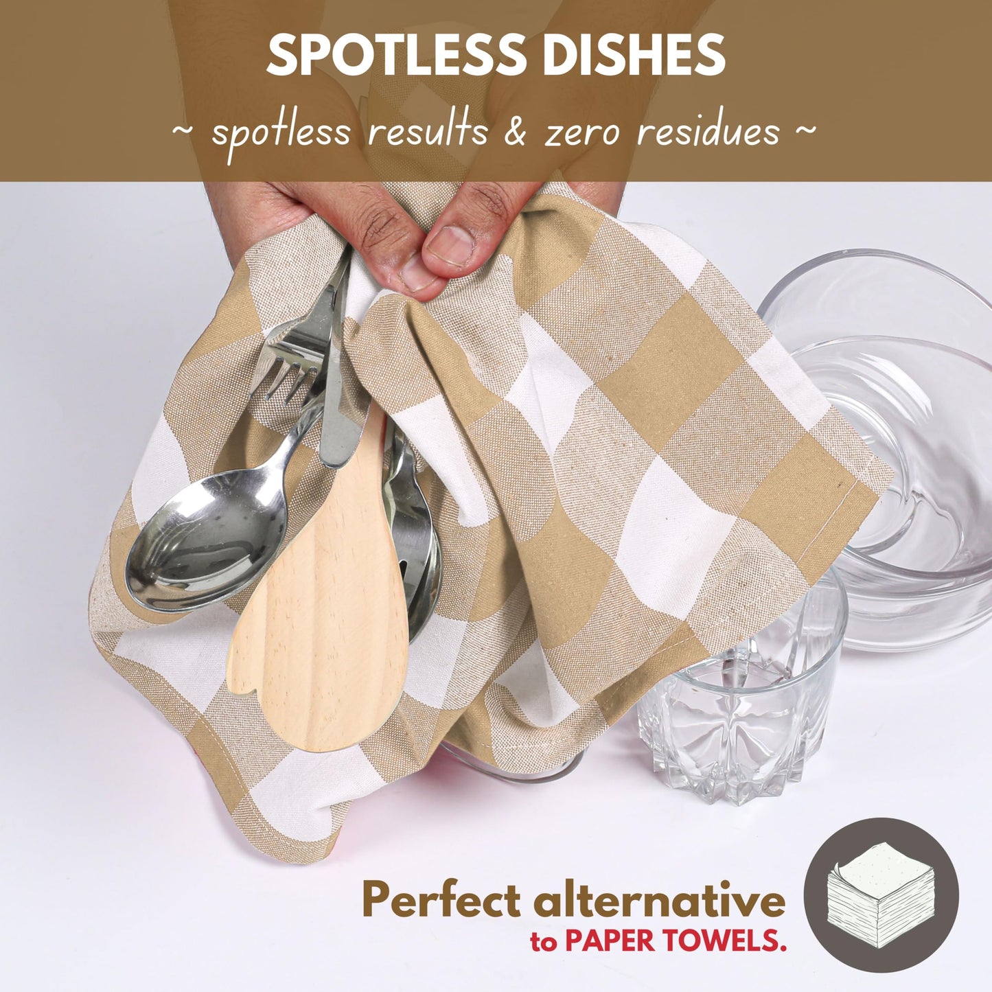 Native Fab 12 Pack Buffalo Check Kitchen Towel 16"x26" - Cotton Dish Towels Washable - Absorbent Tea Towels, Soft Hand Towel with Hanging Loop, Dish Cloth Set - Beige White