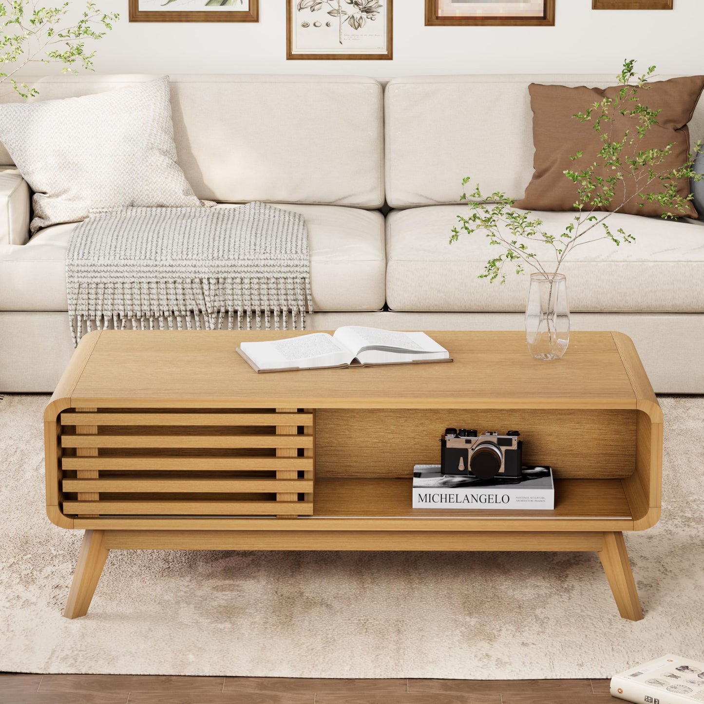 Royal Windsor Coffee Table,Mid Century Modern Table with Storage,Sliding Fence Door,Farmhouse Wooden Coffee Table for Living Room,Oak