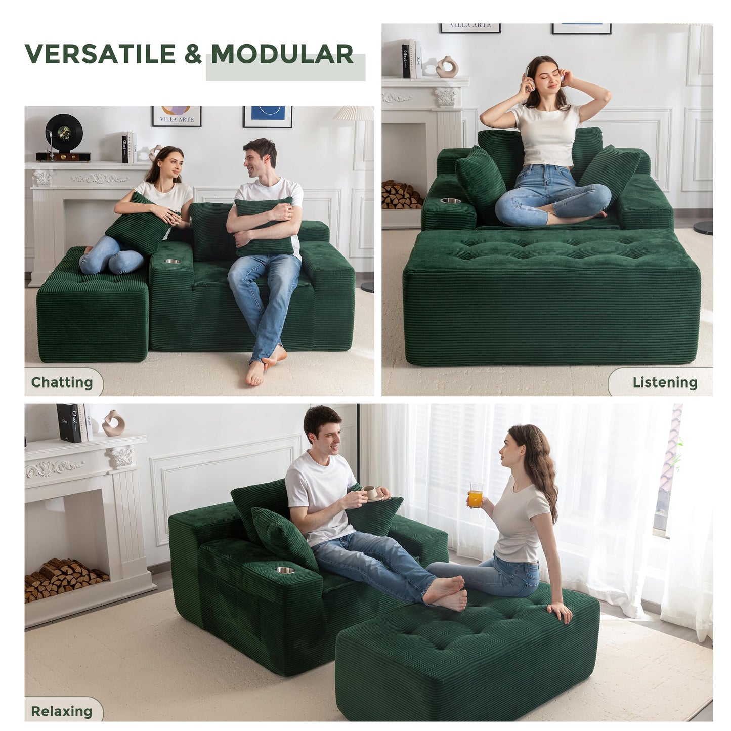 MAXYOYO Oversized Chaise Lounge Sofa, Upholstered Lounge Chair with 3 Pillows Indoor, Tufted Boneless Sofa Couch with Ottoman, Deep Seat Sleeper Chair for Living Room, Bedroom, No Assembly, Green